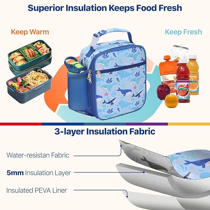 Bagseri Kids Lunch Box for Boys - Insulated Toddler Lunch Bag Fits Bento Box, Reusable Daycare Cooler Tote with Clip Handle, Water-Resistant Lining, Blue Whale