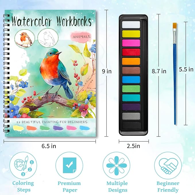 Elfew 2 Pack Watercolor Workbooks Coloring Books, 24 Pages Beginner Friendly Painting Kit, Detailed Steps, 12 Colors Paint Set with Brush, Stress-Relieving Gift for Adults & Women (Animals & Flowers)