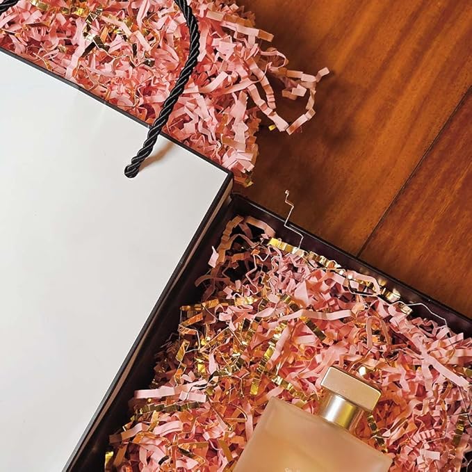 GoooodGift - 3 oz - Gold & Pink - Crinkle Cut Paper Shred Filler for Gift Wrapping, Gift Box Stuffing Birthdays, Basket Filling Mother's Day Christmas