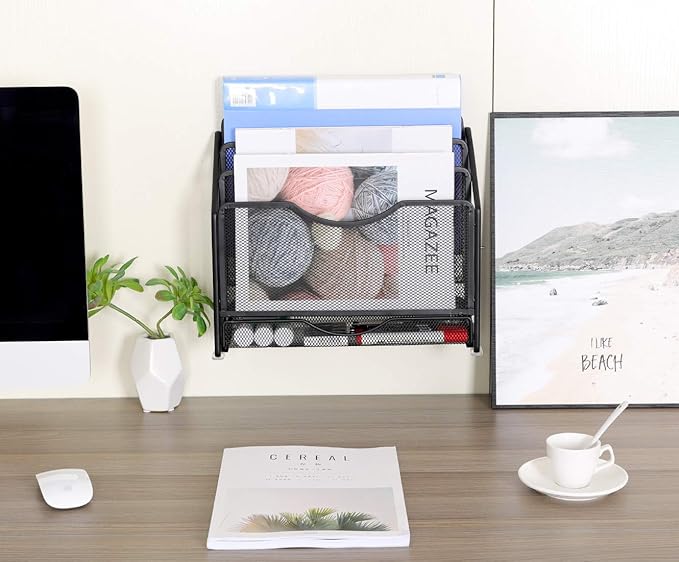 EasyPAG Mesh Desk Paper Organizer Wall Hanging File Holder with 3 Upright File Organizer and Sliding Drawer,Black
