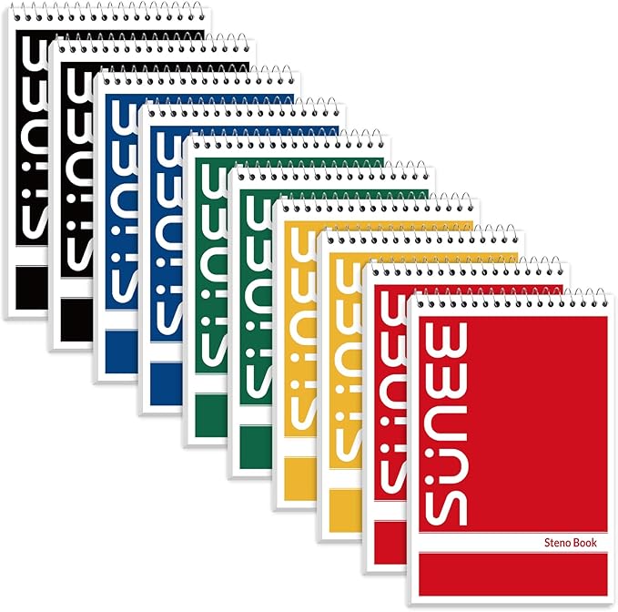 SUNEE 10 Pack Steno Pads 6x9, Gregg Rule, 60 Sheets, Spiral Notebook 6x9, White Paper, Take Notes with Top Spiral Notebook, for School, University, College, Work, Office, Classic Color