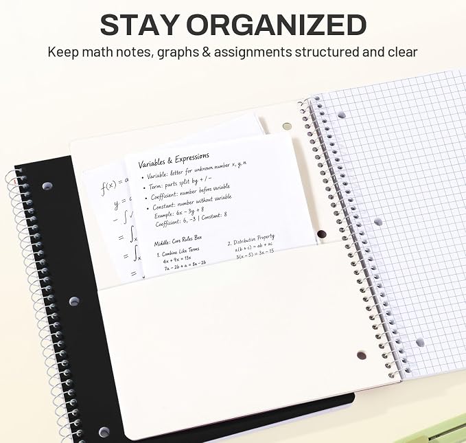 SUNEE Spiral Notebook, 1-Subject, Graph Ruled Paper, 8" x 10-1/2", 100 Sheets per Notebook, 3-Hole Punched Paper, Water Resistant Cover, Spiral Grid Notebooks for Work, Home, School, Writing, Black