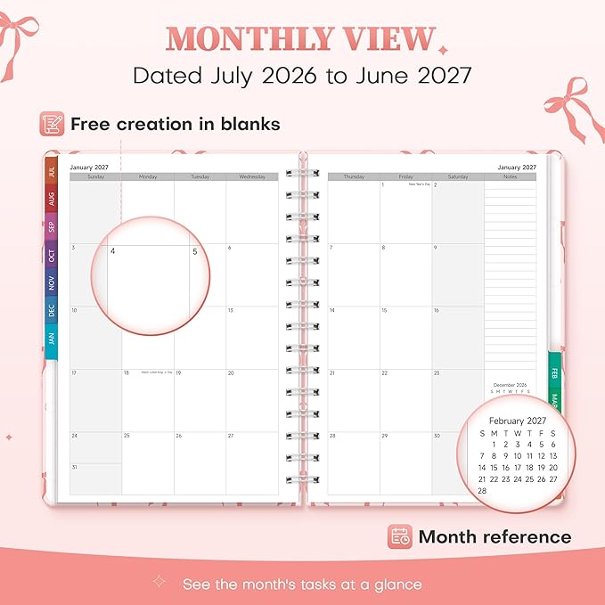 Planner 2026-2027 Monthly and Weekly Academic Planner July 2026 - June 2027, Hardcover Calendar 2026-2027 Agenda Daily Planner for Student Teacher School Office Supplies, 6" x 8.3", Pink Bow