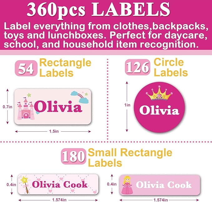 Daycare Name Labels for Kids, 360pcs Waterproof & Removable Name Stickers for Water Bottles, Lunch Boxes and School Daycare Name Tag (Princess)