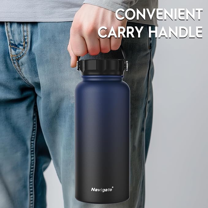 Navigate 32oz Insulated Water Bottle for Sports, Keep Cold 24H | 2-in-1 Spout and Handle Lids, Double Leak-Proof, 18/8 Stainless Steel, BPA-Free, Wide Mouth for Hiking,Blue to Black