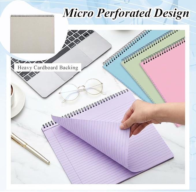 MotiMind 4 Pcs Legal Pads Landscape Notebooks Hole Punched Top Spiral Bound Notebooks 11 x 9.5 Inch College Ruled Drawing Notepad Tear Line for Removal 50 Sheet Office Steno Book(Light Colored)