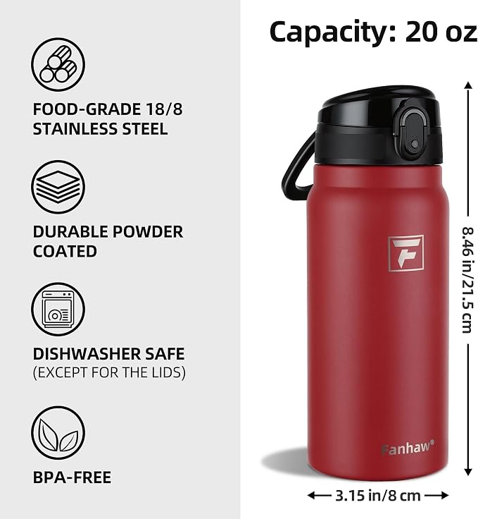 Fanhaw 20 Oz Insulated Stainless Steel Water Bottle with Chug Lid – Wide Mouth, Leak-Proof, BPA-Free – Ideal for Kids, Adults, Sports, Gym, and Outdoor Use (Red)