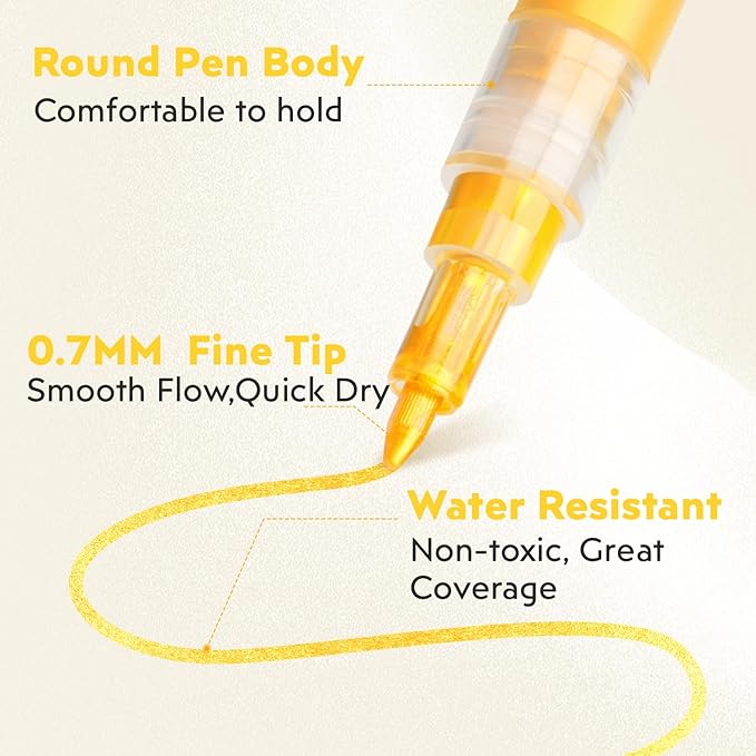 HOTU 5 Pack Super Gold Paint Markers - Metallic Gold Acrylic Paint Pens Glitter Extra Fine Tip 0.7mm for Black Paper,Wood, Rock Painting, Glass, Fabric