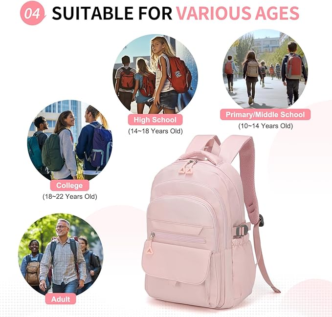 Aesthetic Daypack Backpack, Water-Resistant 15.6" Laptop Backpack for Women and Men, Featuring Touch-Fastener and Anti-Theft Pockets (Pink)