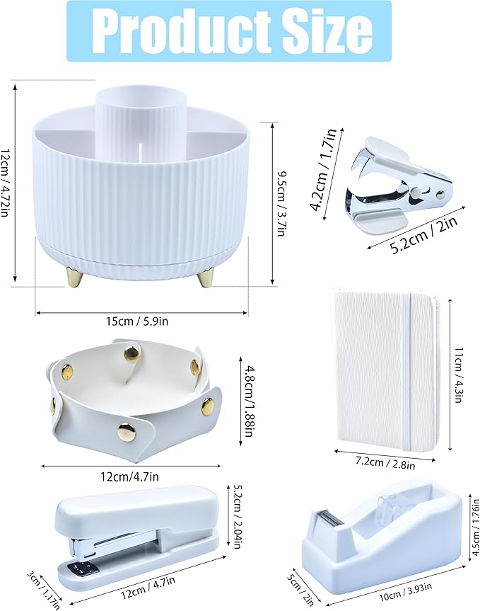 LXEVIHK White Desk Accessories, Office Supplies 360°Pen Holder Desk Organizers, With Tape Dispenser, Stapler, Staple Remover, Ect, Infuse Your Space With Porcelain Serenity, Back to School