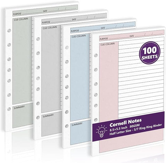100 Sheet 7-Hole 5.5" x 8.5" Lined Filler Paper for 3 or 7 Ring Binder College Ruled Cornell Notes Loose Leaf Paper for Mini Binders Half Letter Planner Refill Mini Binder Inserts for School Office