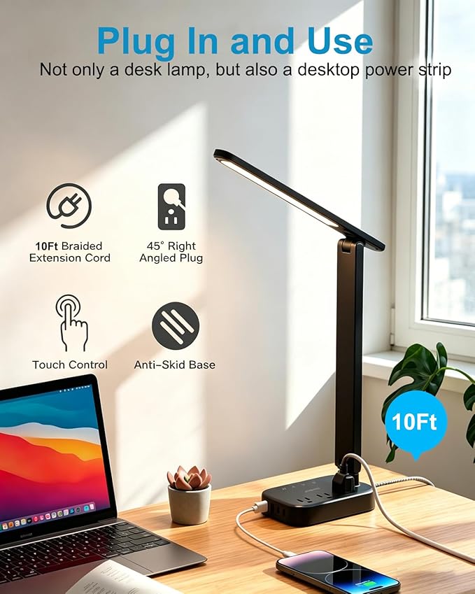 One Beat Small LED Desk Lamp Power Strip 10ft Extension Cord, 3 Outlets 4 USB Ports(2 USB C), 4 Modes, 5 Level Touch Lamp, Study Reading Light, Home Office Bedroom College Dorm Room Essentials, Black