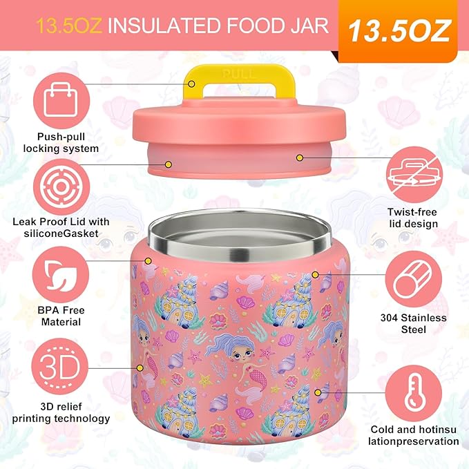 JXXM 13.5 Oz Thermo Food Jar for Hot & Cold Food for Kids, Insulated Lunch Containers Hot Food Jar,Leak-Proof Vacuum Stainless Steel Wide Mouth Lunch Soup Thermo for School (Mermaid)