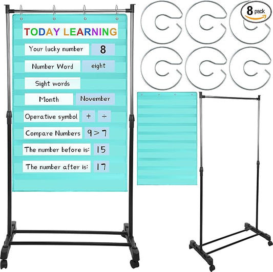 8 Pcs Adjustable Pocket Chart Stand Set Include 1 Standard Pocket Chart 6 Replacement Rings and 1 Adjustable Stand for Classrooms Home Teacher Lessons Educational Tools(Green)