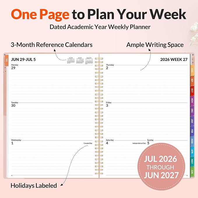 SUNEE Academic Planner 2026-2027 – Weekly & Monthly Planner, July 2026 to June 2027, 8.5"x11", Thick Paper, Tabs, Pockets, Bookmark, Spiral-Bound, Student Teacher Organizer, Blushing Abstract Breeze