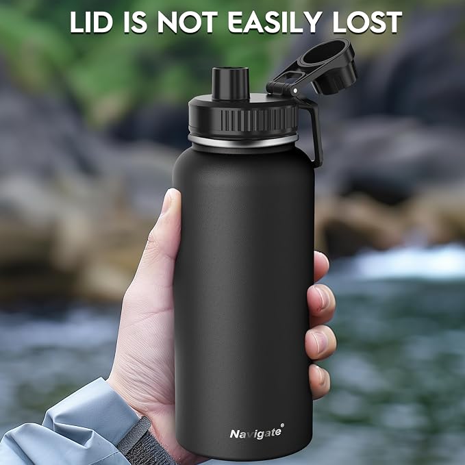 Navigate 32oz Insulated Water Bottle for Sports, Keep Cold 24H | 2-in-1 Spout and Handle Lids, Double Leak-Proof, 18/8 Stainless Steel, BPA-Free, Wide Mouth for Gym and Hiking,Black