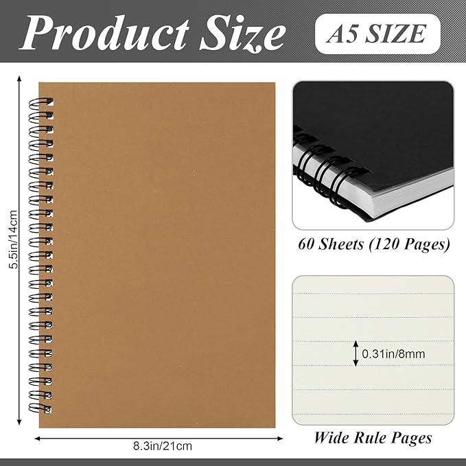 Leelosp 12 Pcs Small Spiral Notebook Lined Spiral Journal College Ruled Notebook Wire Bound Kraft Cover, 120 Pages for Work (Red,Green,Black,Blue,Brown,Gray,5.5 x 8.3 Inch)