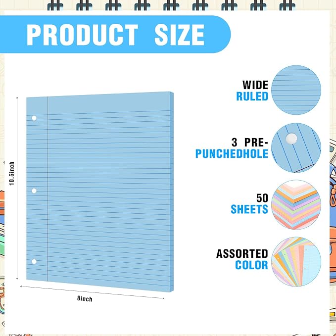 PerKoop 12 Pack 600 Sheets Loose Leaf Paper 8" x 10.5",Sweet Color