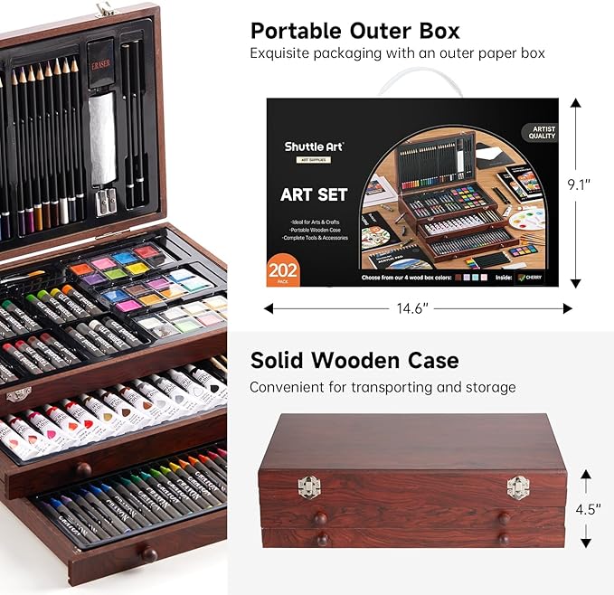 Shuttle Art Deluxe Gift Art Kit, 202-Piece Wooden Art Supplies Set with 4 Drawing Pads, Canvases, Coloring Sheets, Acrylic Paint, Crayons, Oil Pastels, Colored Pencils for Kids