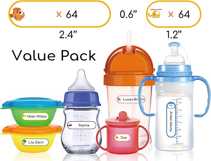 Baby Bottle & Daycare Name Labels, Self-Laminating Waterproof Stickers for Kids Stuff, Dishwasher Safe Write-On Name Tags for School & Home, Assorted Sizes & Colors, Pack of 128 (Rainbow Set of 2)