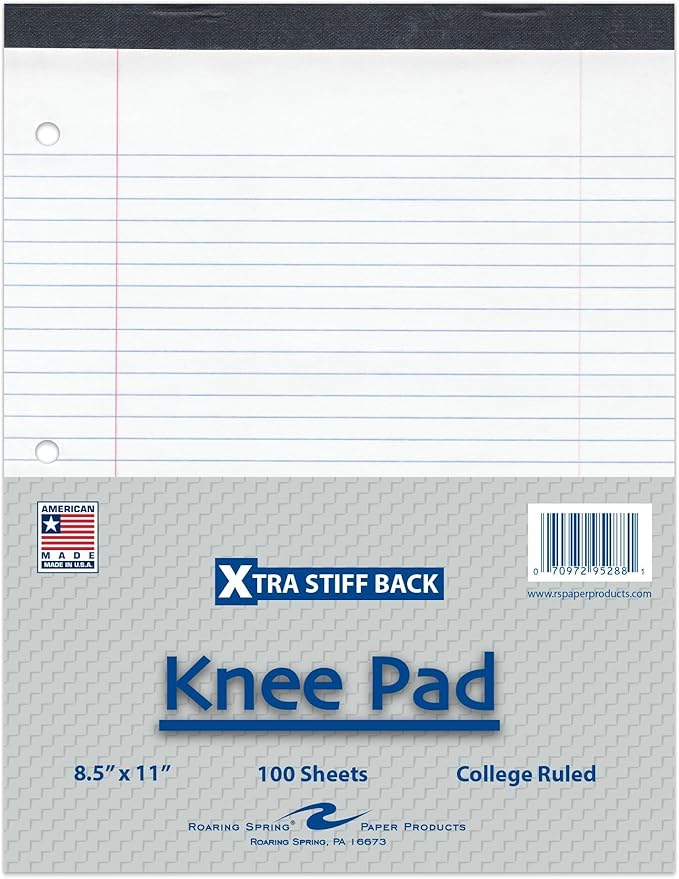 Roaring Spring Knee Pad College Ruled Extra Stiff Back Legal Writing Pad, 3 Hole Punched, 8.5 x "11.75" 100 Sheets, White