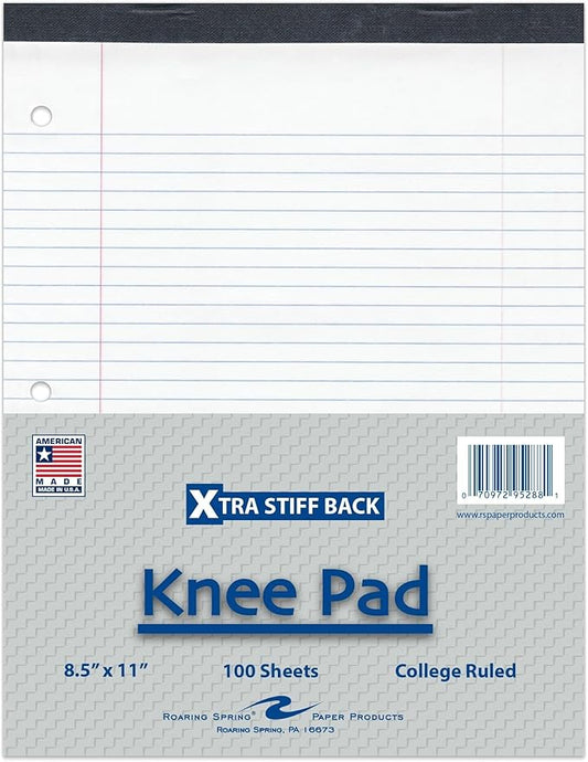 Roaring Spring Knee Pad College Ruled Extra Stiff Back Legal Writing Pad, 3 Hole Punched, 8.5 x "11.75" 100 Sheets, White