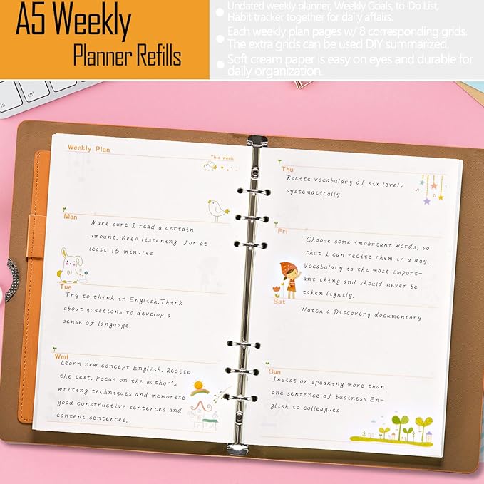 Rancco A5 Planner Inserts Weekly Planner Refills, 90 Pages Colorful 6-Ring Loose-leaf Paper Binder Inserts w/Divider, PVC Pouch, Ruler, Index Tab for Journal, Filofax, Double-sided, Undated, 8.3x5.6"