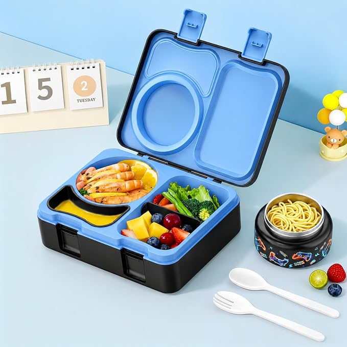 Kids Insulated Lunch Box with 8OZ Thermo Food Jar | Leakproof Bento Box with Ice Pack Sauce Cup Utensils Removable Tray & Dividers for School Daycare Travel, Game Controllers