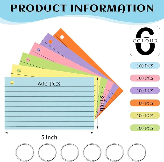 Lovppy 600PCS Index Cards,3x5 Inches Colored Flash Cards with Ring, Punched Lined Flashcards Ruled Index Cards Notecards Study Cards Heavy Note Cards for Studying, Learning, School, College