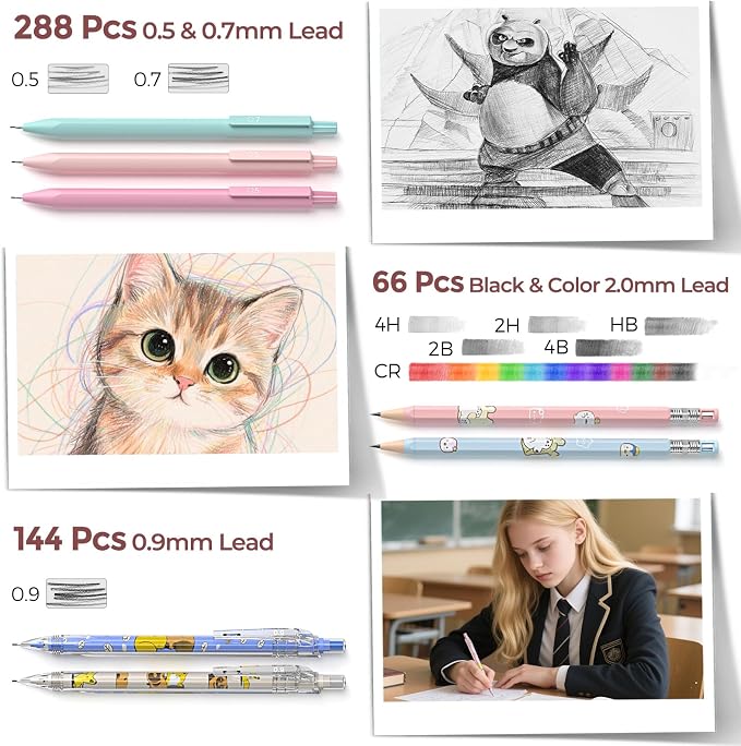 Nicpro 45PCS Mechanical Pencils with 462 Lead Refills (Pink) | 0.5mm-2.0mm Cute Mechanical Pencil Pet, School Supplies Stationary Set with Pencil Case for Girl Note-Taking & Back to School