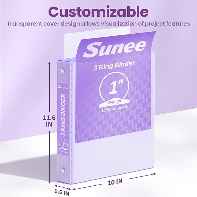 SUNEE 3 Ring Binder 1 Inch 2 Pack, Clear View Binder Three Ring PVC-Free (Fit 8.5x11 Inches) for School or Office Supplies, Purple