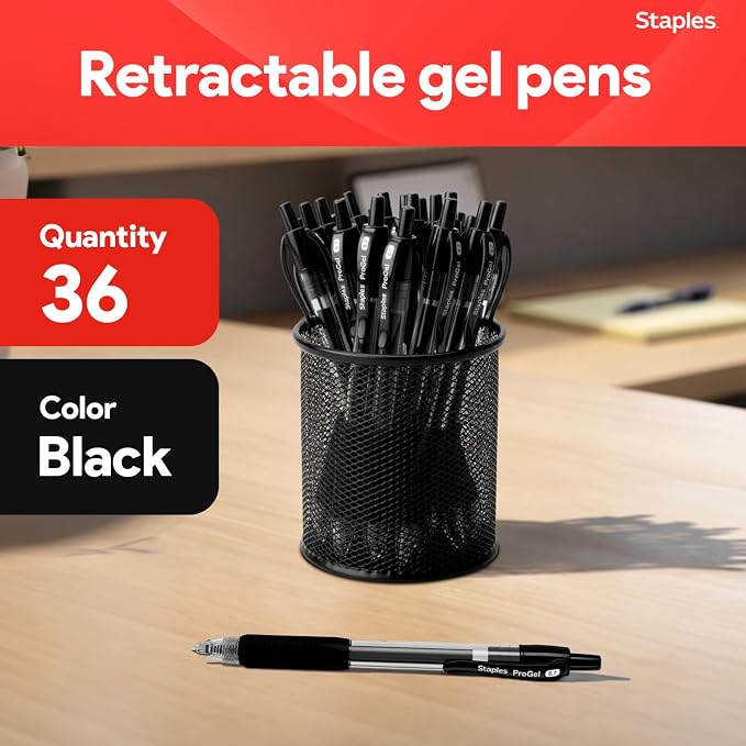 Staples ProGel Retractable Gel Pens, Fine 0.7mm, Black Ink, 36-Pk | Smooth-writing, quick-dry ink for everyday office and classroom stocking.