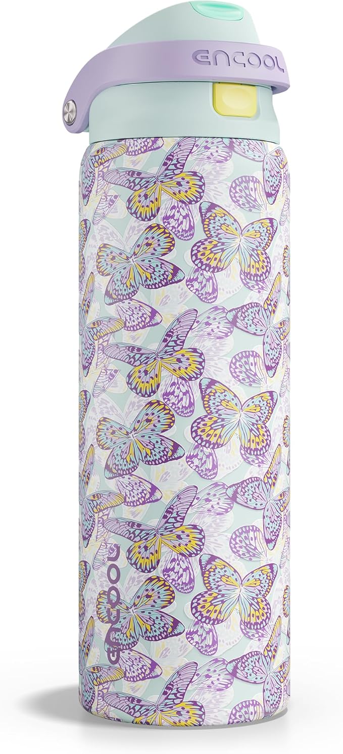 ENCOOL Leakproof Insulated Water Bottle with Straw Dual-Sip Water Bottle Bag-Safe Design for Work, Commute & Gym – Keeps Drinks Cold All Day, 32 oz, Mosaic Butterfly