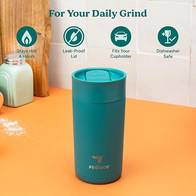 REDUCE Perk 10oz Insulated Coffee Tumbler – Leak-Proof with Lockable Lid and Vacuum Insulation–Durable Stainless Steel–Fits Car Cup Holders – One-Handed Travel Mug in Sand Leopard Print - Eternal Teal