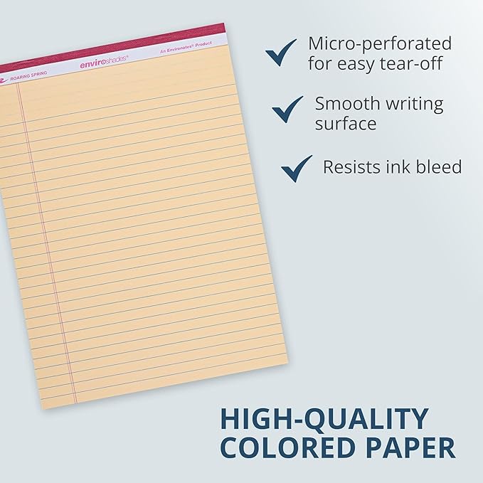 ROARING SPRING Enviroshades Assorted Colored Legal Pads, 6 Pack, Legal Ruled Recycled Writing Note Pads, 8.5" x 11", 50 Sheets, Perforated Paper, Made in USA, Memo Pad For School & Office