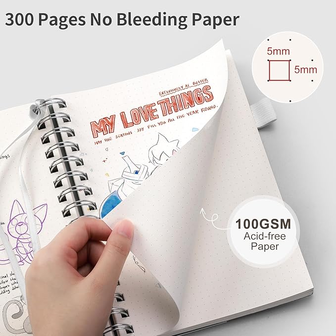 EMSHOI Spiral Notebook Dotted journal, A5 Dotted Grid Notebook with 300 Pages, 100gsm Thick Paper, Waterproof Softcover Notebook for Journaling, 5.7" × 8.22" - Transparent