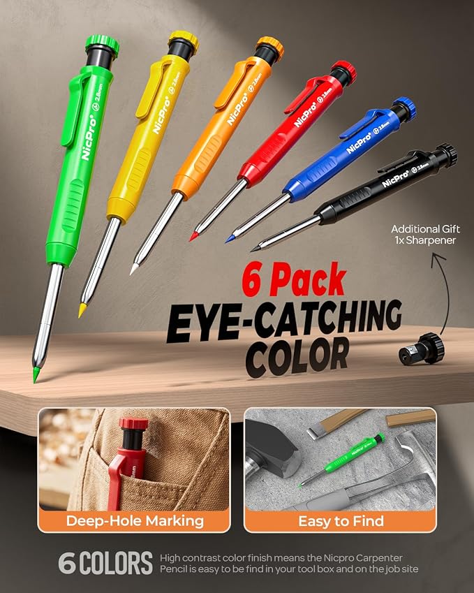 Nicpro Carpenter Pencil with Sharpener, 12Pcs Construction Pencil+52 Refill | Deep Hole Marker for Construction, Heavy Duty Woodworking Pencil for Architect Marking (Red, Black, Yellow, Blue, Orange)