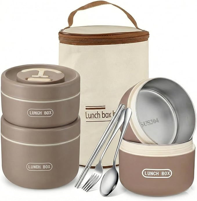 3 Pcs Insulated Lunch Box Set (47oz Total), Stackable Stainless Steel Thermal Food Container with Bag, Portable Bento Box for Hot Food, Leakproof Design with Knife, Fork & Spoon