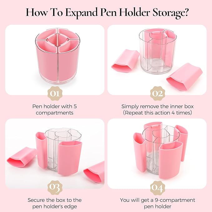 KONVINIT Pink Pen Holder for Desk, 5 Slots 360° Rotating Pen Organizer, Cute Desk Organizers and Accessories for School, Home, Office and Art Supply
