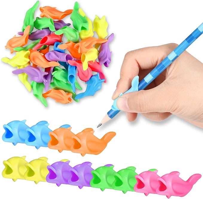 Nezyo 60 Pcs Pencil Grips for Kids Handwriting Grippers Silicone Ideal Pencil Holders Dolphin Writing Aid Grips Children Training for Kids Handwriting Toddlers Posture Correction Tools Writing Tools