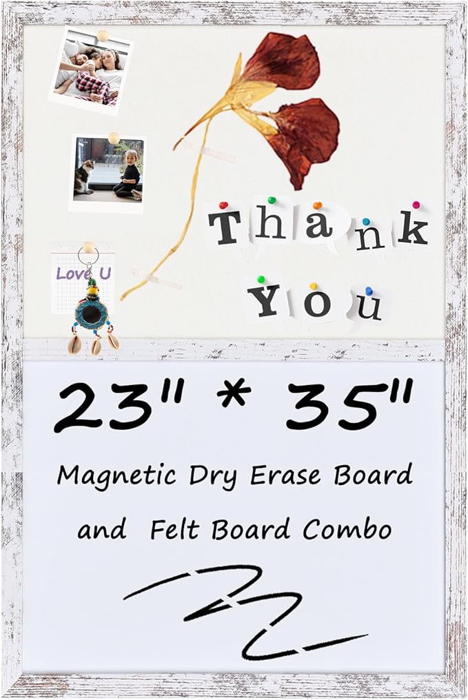 Bulletin Board Whiteboard White Felt Board Combo for Office School Kitchen Bedroom, White Wood Frame,23.6"*35.4",Whiteboard+WH-6090WH
