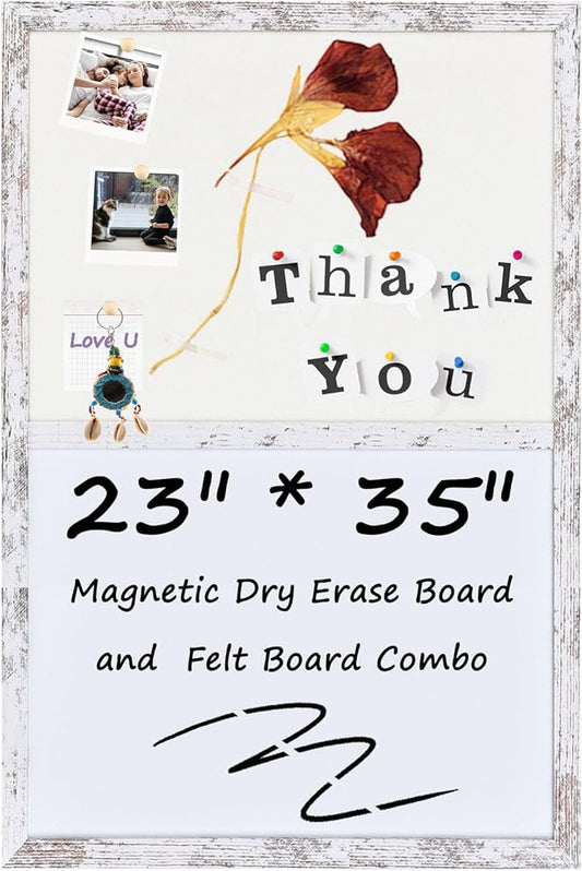 Bulletin Board Whiteboard White Felt Board Combo for Office School Kitchen Bedroom, White Wood Frame,23.6"*35.4",Whiteboard+WH-6090WH