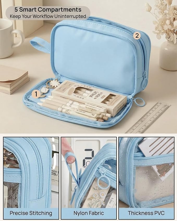 41Pcs Aesthetic Pink Office Supplies Set, All-in-One 5 Compartments Desk Organizer Kit with Large Capacity Pen Pouch, A5 Notebook for Women & Journaling (blue)