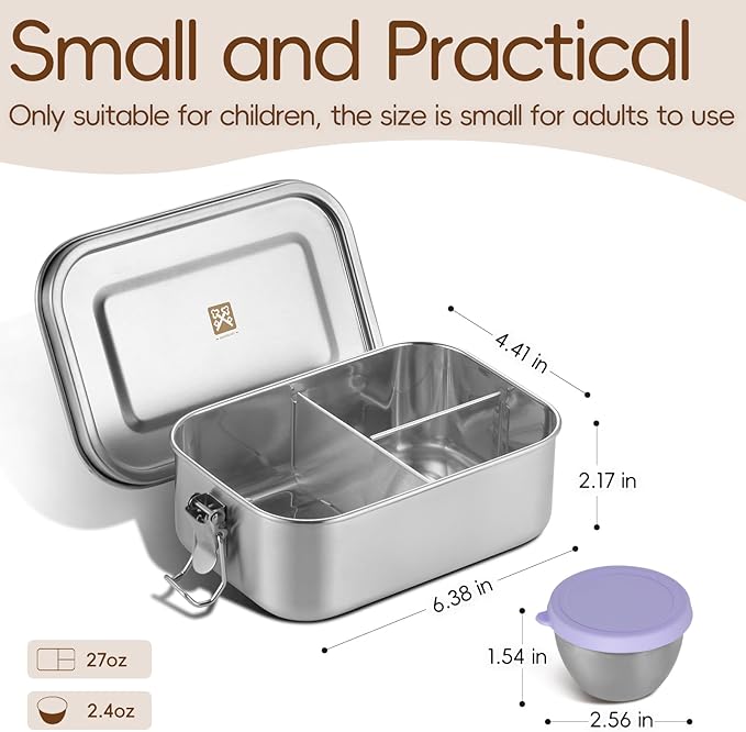 GOLDEN KEY 27oz Stainless Steel Bento Box for Kids with Leak-Proof Condiment Container and 3 Compartments, Lunch Box for Carrying Meals, Snacks, and Fruits, Freezable and Dishwasher Safe (Purple)