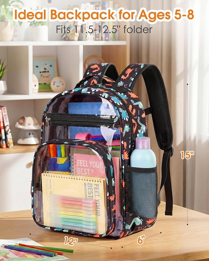 Soimeat Clear Backpack for Girls - Kids Clear Bookbag - Fabric & PVC Transparent Backpacks for Elementary School, Black Dinosaur