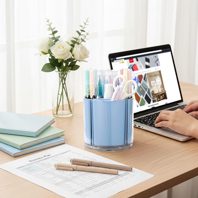 Comix 360° Rotating Pen Holder for Desk, Cute Pencil Holder Pen Organizer, Blue Acrylic Pencil Cup Caddy with 5 Slots for Home School Office Supplies