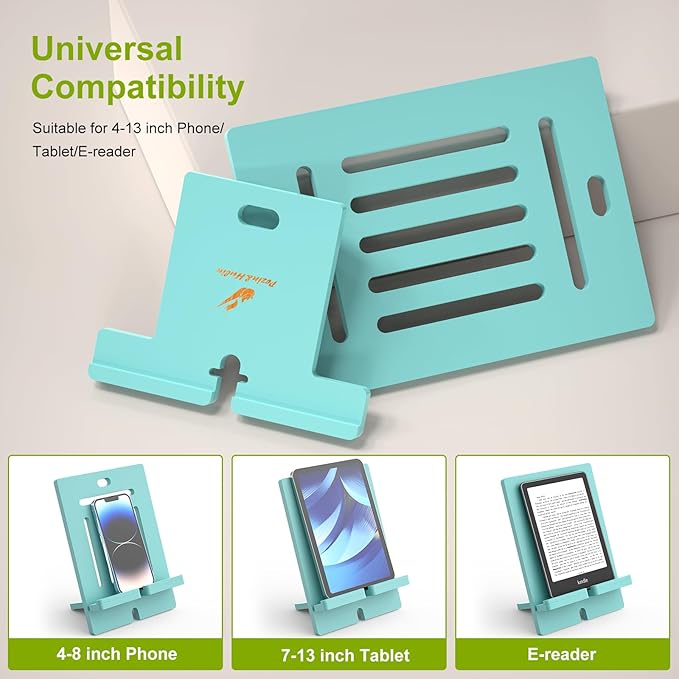 Pezin & Hulin Bamboo Tablet Stand, Adjustable Wood Pad Holder, Desktop Cell Phone Stand Holder Dock Compatible with Tablet, E-Reader, and All Phone (Support to 4.7-13" Devices) - Teal