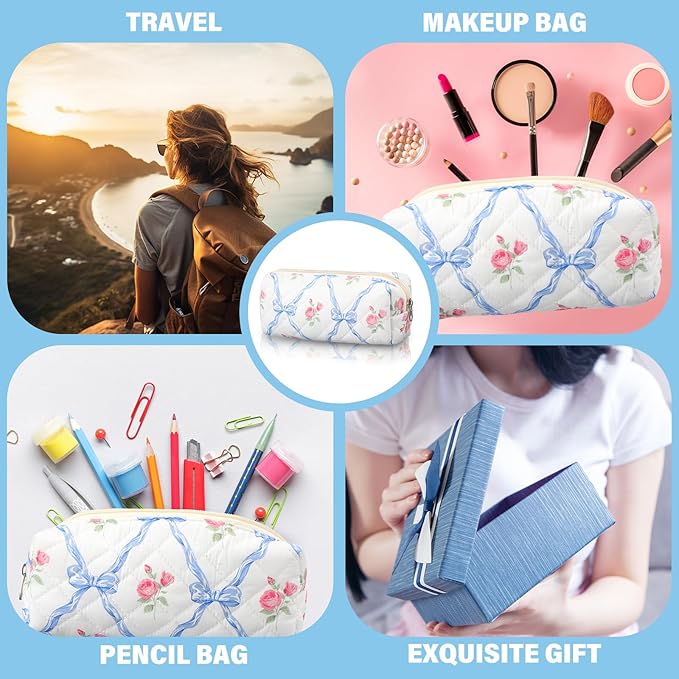Sherr Coquette Bow Pencil Case Blue Floral Bow Cute Pencil Pouch Soft Cotton Storage Bag Aesthetic Pattern Gift Makeup Pouch Cosmetic Bag for Women Adults