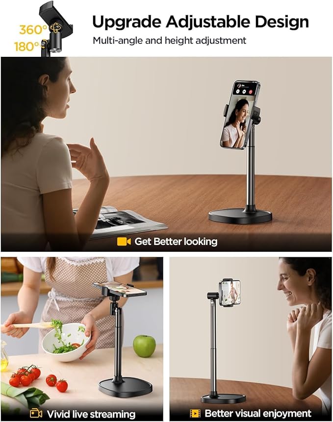DIMONCOAT Phone Stand for Desk, Angle Height Adjustable Phone Holder for Desk, Aluminum Alloy Universal iPhone Holder, Retractable Cell Phone Stand Recording Office for iPhone 17 16 15 Pro Max S26