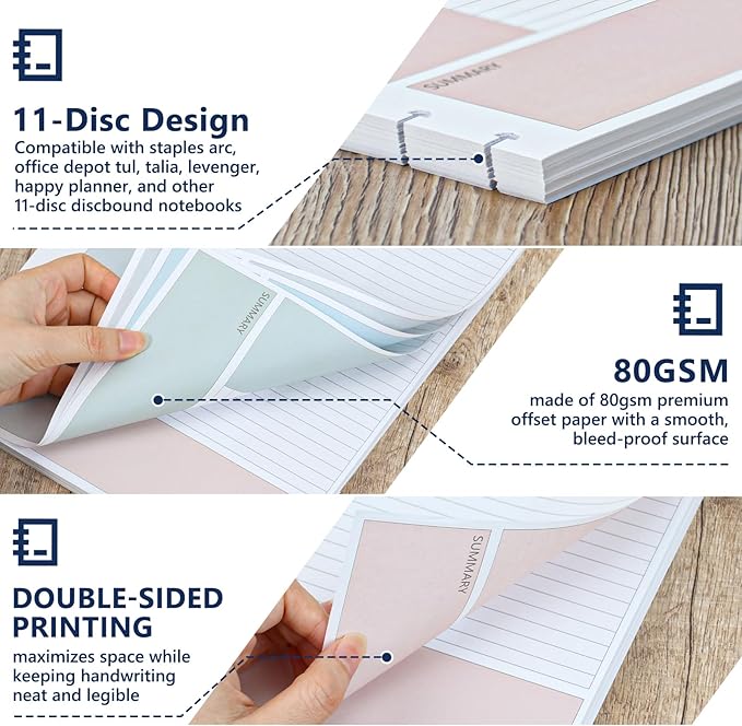 200 Sheet 11-Disc Cornell Notes Loose Leaf Paper 8.5×11 Inch for Discbound Planner Letter Size College Ruled Cornell Note Notebook 9/32" Spacing Note-Taking System Filler Paper for School Office 80gsm